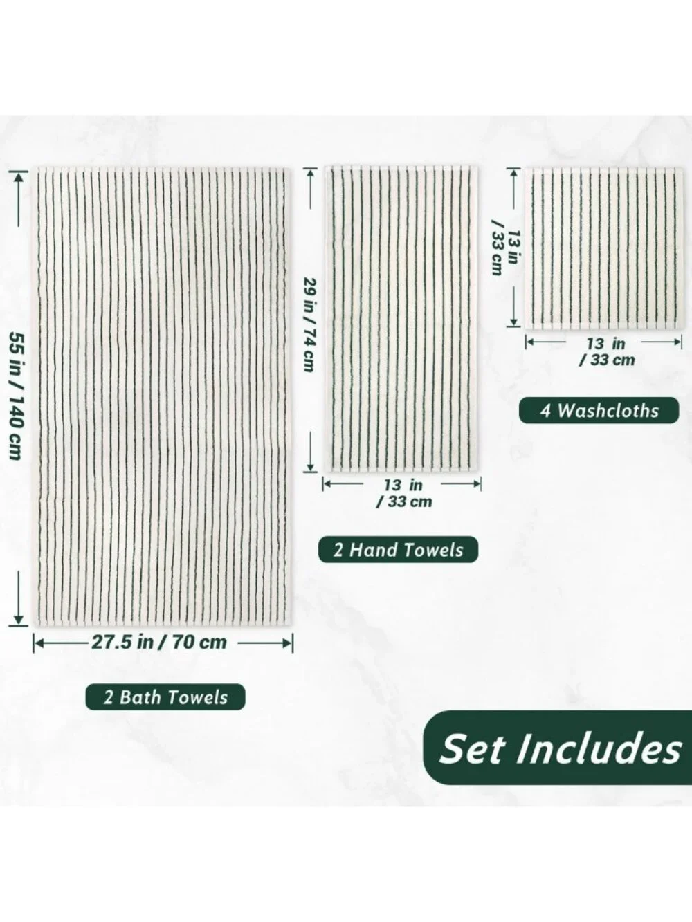 Super Soft 8-Piece Green Towel Set | Absorbent Cotton Striped Bath Towels